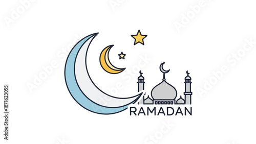 Ramadan Kareem Illustrative Icon of Crescent Moon, Star, and Mosque Symbolizing Islamic Holiday