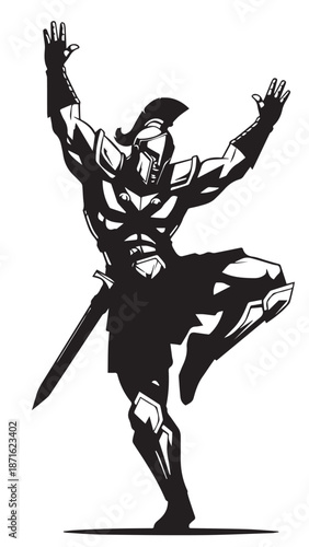 Silhouette of Dynamic Warrior in Action with Raised Arms and Sword.