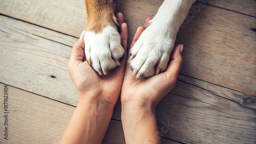 Dog paws with a spot in the form of heart and human hand close up, top view.