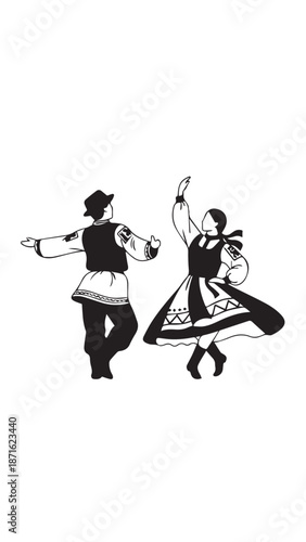 Silhouetted dancers perform a lively traditional couple dance in an expressive scene.