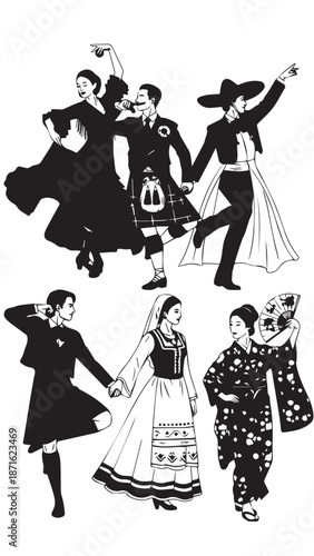 Silhouetted Dancers in Traditional Folk Attire Celebrating in a Vintage Group Scene.