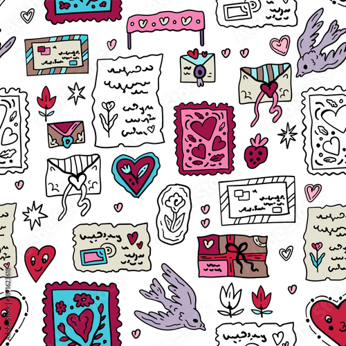Love letters. Seamless pattern for Valentine's Day. Vector background with symbols of lovers. Hearts, messages, correspondence.