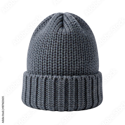 Gray Knitted Beanie Hat with Ribbed Cuff, Close-up View