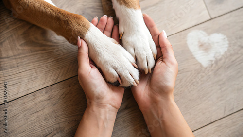 Dog paws with a spot in the form of heart and human hand close up, top view.