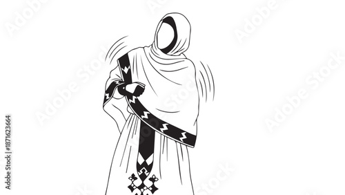 Minimalist illustration of a veiled woman cradling a child.