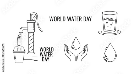Water Day Illustrations Featuring Droplets and Pump.