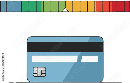 Flat vector illustration of a blue credit card with a colorful status indicator bar above it, representing credit score, financial health, or payment limits.