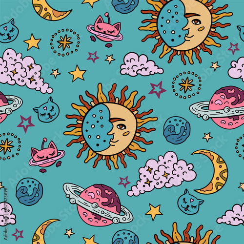 A cosmic fantasy backdrop for teenagers and small children. Fun zodiac and tarot cards. Fortune telling and magic. Space and stars seamless pattern with astrology. The Sun, the Moon and the Stars