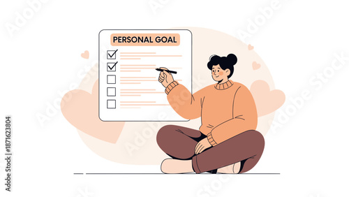 Woman Checking Personal Goals List, Planning Future, Motivation, Achievement
