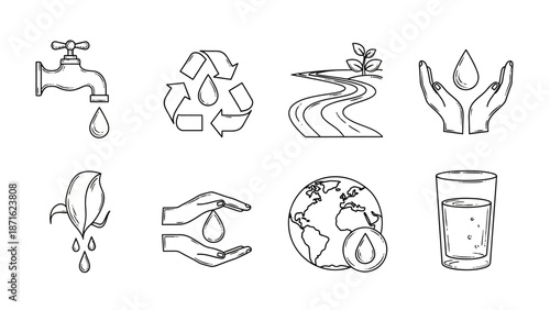 Simple Line Icons Representing Water Conservation.