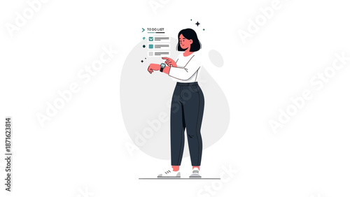 Woman checking smartwatch with to-do list, time management, productivity concept