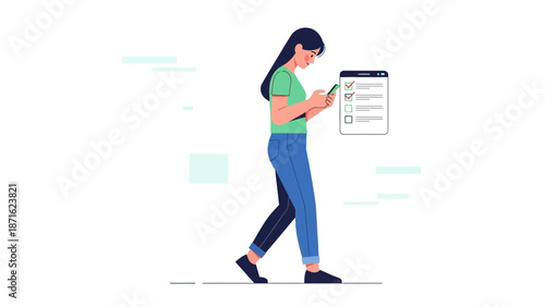 Woman checking task list on smartphone while walking, modern flat illustration