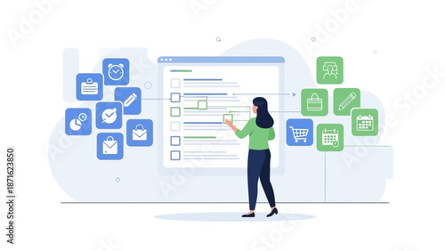 Woman checking tasks on a digital checklist with icons representing work and planning