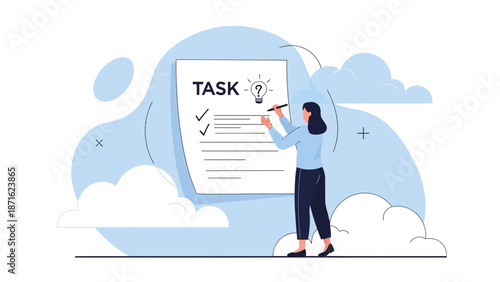 Woman checking tasks on a list with lightbulb icon, business concept illustration