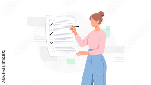 Woman checking tasks on checklist, planning and organization concept, flat design