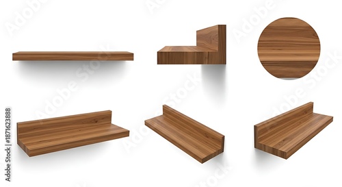 Realistic 3D rendered wooden floating shelves set in various perspectives, ideal for modern interior design concepts, product display mockups, and contemporary home decor elements. Brown wood texture