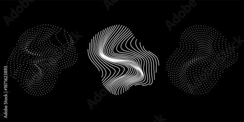Set of spheres made of particles and wavy lines, fluid geometric shapes. Technology and science abstract illustration.