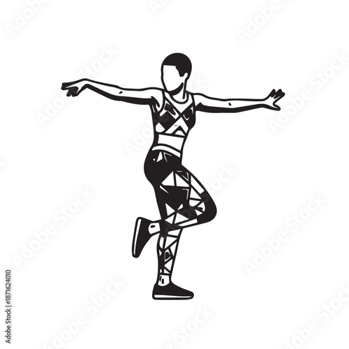 Stylized dancer in geometric outfit performing balanced pose.