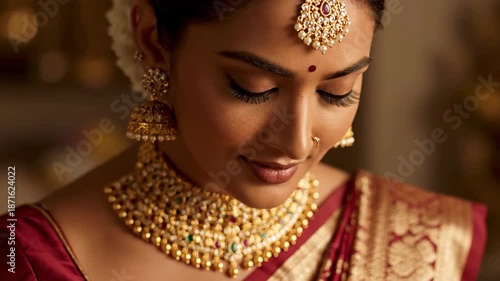 Elegant Indian Bride Portrait Traditional Saree Gold Jewelry