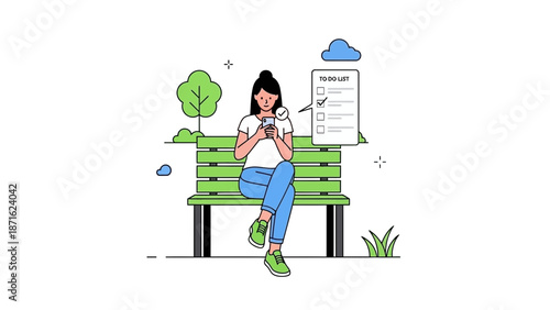 Woman checking to-do list on smartphone while sitting on park bench