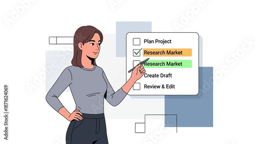 Woman checks off tasks on a to-do list, research market and plan project concept.