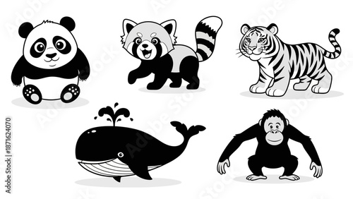Cartoon Animals Panda Raccoon Tiger Whale Gorilla.