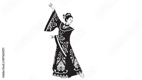 Silhouette of a traditional folk figure in decorative attire playing a horn in a black and white illustration.