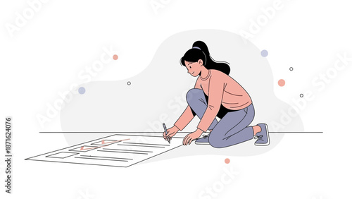 Woman drawing blueprint on floor, planning project, creative designer working on layout