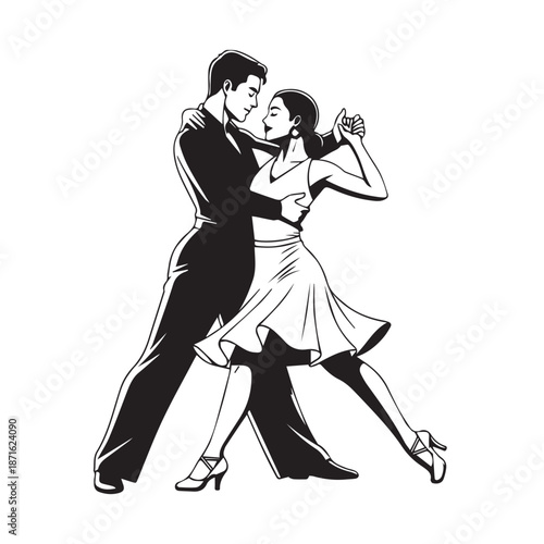 Elegant couple dancing tango in a black and white illustration.