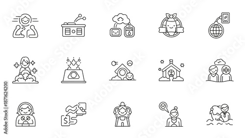 Collection of Simple Line Icons Representing Business Concepts.