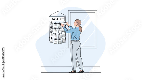 Woman organizing tasks on a bulletin board, planning and productivity concept