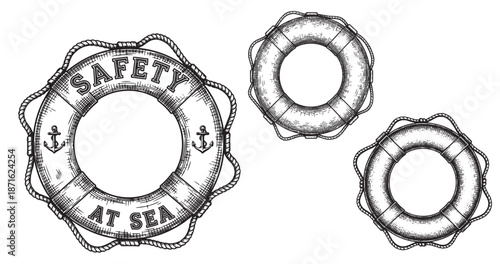 Life buoy engraving illustration for maritime safety branding