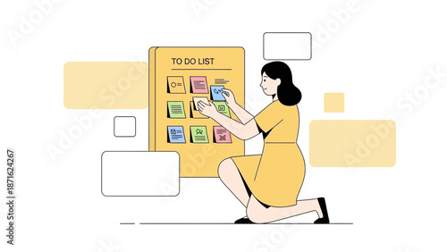 Woman organizing tasks on a to-do list board with sticky notes, planning and productivity concept
