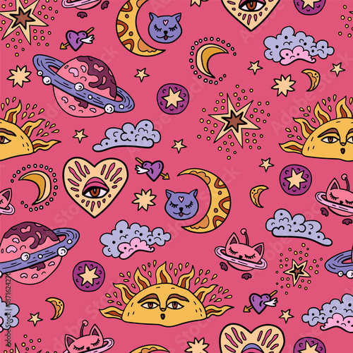 A cosmic fantasy backdrop for teenagers and small children. Fun zodiac and tarot cards. Fortune telling and magic. Space and stars seamless pattern with astrology. The Sun, the Moon and the Stars