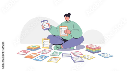 Woman organizing tasks with checklist cards, planning and productivity concept