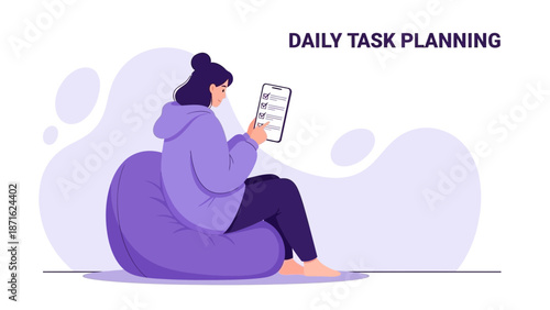Woman Planning Daily Tasks on Smartphone While Relaxing on Beanbag Chair