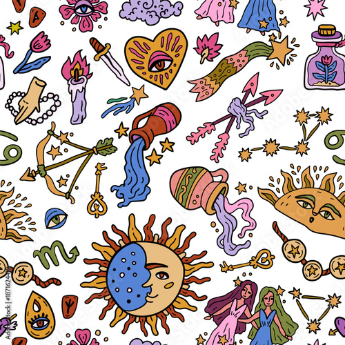 Space and stars seamless pattern with Western astrology. Zodiac animals. A cosmic fantasy backdrop for teenagers and small children. Fun zodiac and tarot cards. Fortune telling and magic
