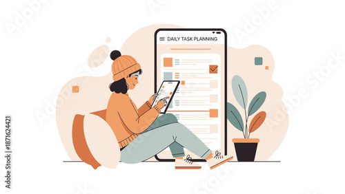 Woman Planning Daily Tasks on Tablet with Large Smartphone Screen