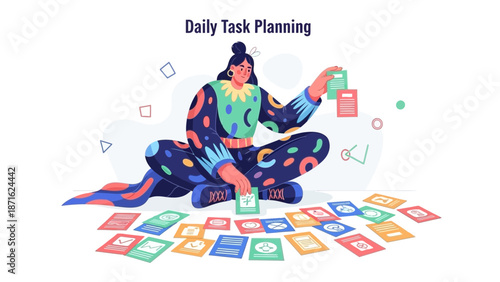 Woman Planning Daily Tasks with Cards, Organization and Productivity Concept