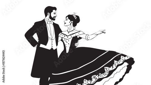 Elegant ballroom dancers in formal attire performing a graceful dance.