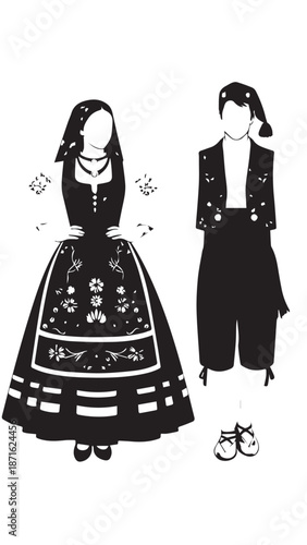 Two figures in traditional folk costumes standing side by side in a monochrome illustration.