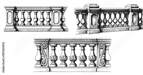 Stone balustrade engraving illustration for architectural visualization