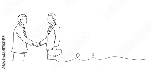 Minimal line art illustration of two business men shaking hands symbolizing partnership agreement, trust, teamwork, cooperation, and professional corporate