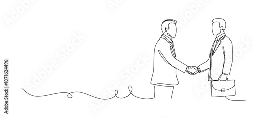 Minimal line art illustration of two business men shaking hands symbolizing partnership agreement, trust, teamwork, cooperation, and professional corporate