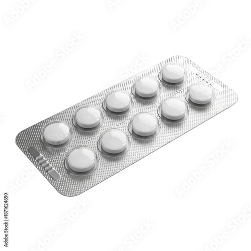 Blister pack of white pills on silver foil background black