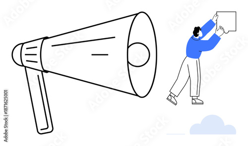 Communication concept. Communication illustrated with a megaphone and a person placing a message. Communication as a key for announcements, marketing, teamwork, and collaboration. For digital