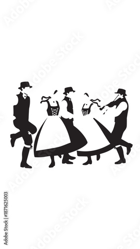 Silhouettes of People Dancing in Traditional Attire, Capturing a Lively Vintage Group Dance Scene.