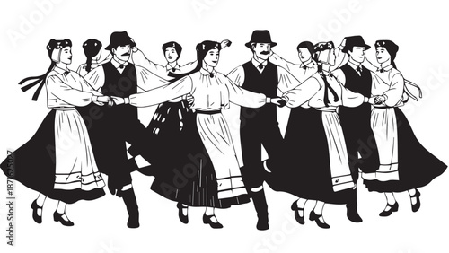 Group of Traditional Folk Dancers in Coordinated Attire Performing a Line Dance.