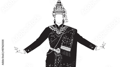 Elegant traditional dancer in ornate headdress and ceremonial attire performing a symmetric pose.