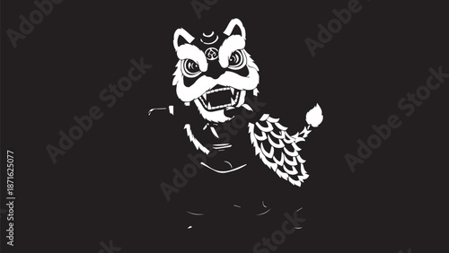 Stylized high-contrast white dragonlike creature illustration on a dark background.